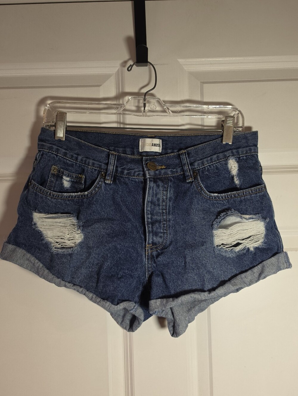 Amuse Society Ripped Denim Button Fly Roll Cuff Women’s Shorts - Blue Sz 28